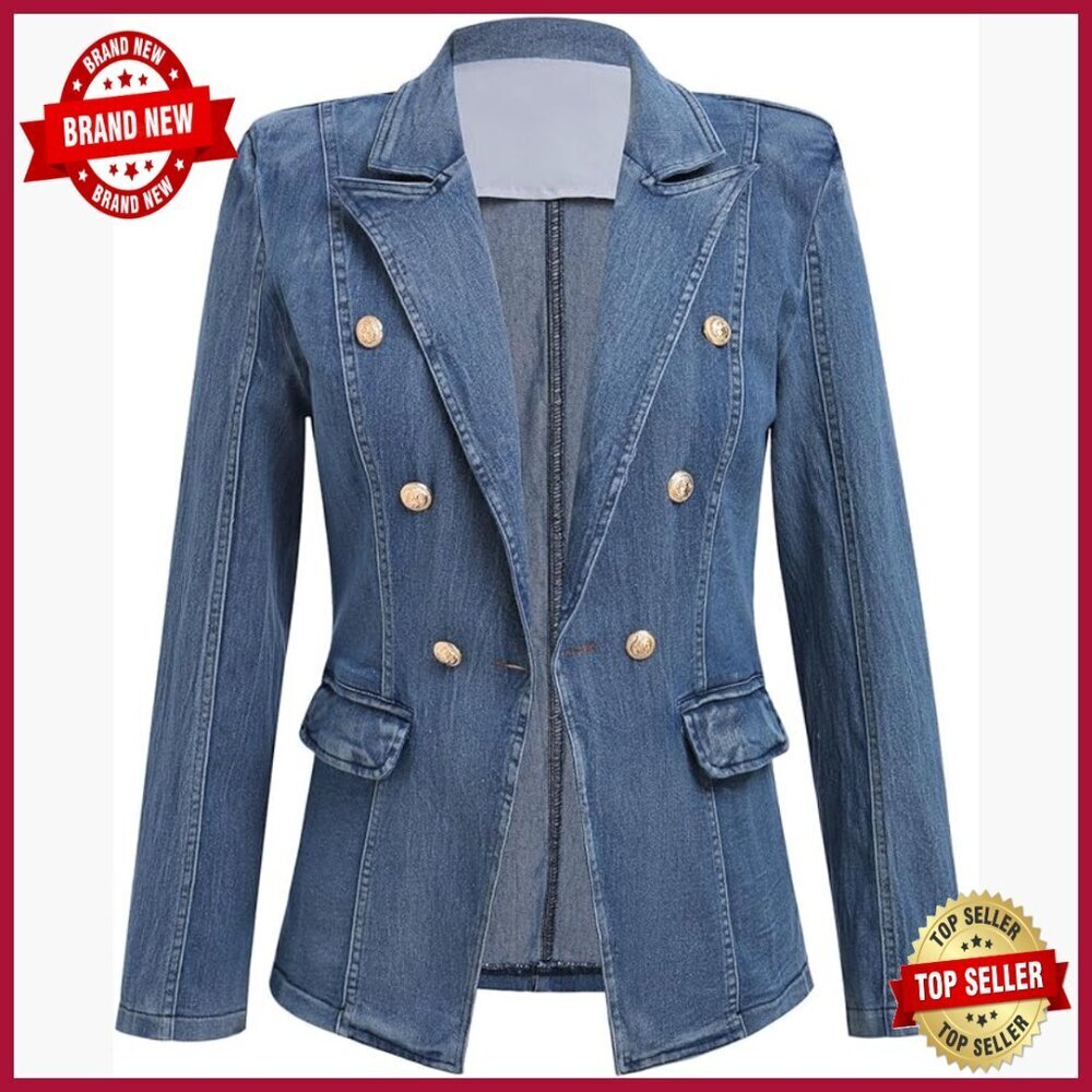 Denim Blazer Jacket Women's Regular Fit Long Sleeve Office Wear